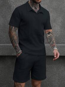 Manfinity Homme Men's Textured Loose Fit Short Sleeve Casual Polo Shirt Set - Black - View 4