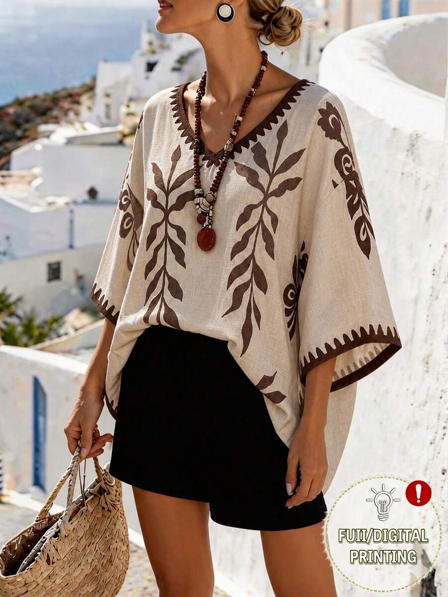 Selamara Women's Bohemian Retro Print V-Neck Batwing Sleeve Long Blouse, Flowy Loose Summer Beach Holiday Top - Multicolor - View 1