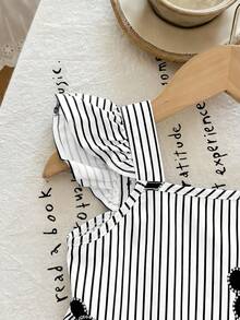 SHEIN LMoss Kids 女婴条纹碎花方领荷叶边下摆休闲连衣裙 - 黑與白 - 查看 5
