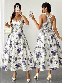 SHEIN Raffinéa Đầm nữ thanh lịch, lãng mạn, in hoa màu tím, chất liệu co giãn cao cấp, dây mảnh, thiết kế buộc eo, nơ thắt sau lưng, eo nhún, thiết kế đa năng phù hợp cho tiệc tùng, lễ hội âm nhạc, thường ngày, kỳ nghỉ, hẹn hò, ngày Valentine, đầm dài ngang gối, mùa xuân/hè, lễ tốt nghiệp, dạ hội, dự tiệc cưới, đầm dài nữ. - Nhiều màu - Xem 3