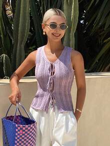 DAZY Solid Color Fitted Cinched Waist Sleeveless Round Neck Casual Chic French Vacation Autumn Top Traveling Light Purple School - Mauve Purple - View 3