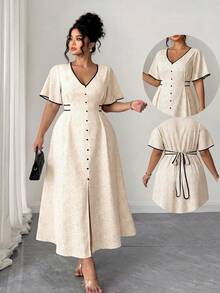 Elenzga Plus Size Women Elegant Lady Fashion Versatile Casual V-Neck Front Button Waist Tie Contrast Color Dress - Apricot - View 8