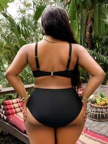 Slaydiva Plus Size Solid Color Twist Sweetheart Neck Tankini Bikini Set Set - Black - View 2