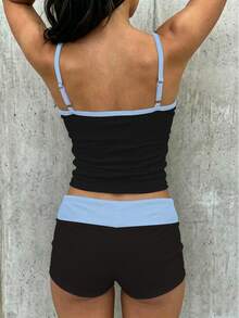 SHEIN EZwear 夏季撞色滚边吊带背心和短裤套装 - 藍色 - 查看 2