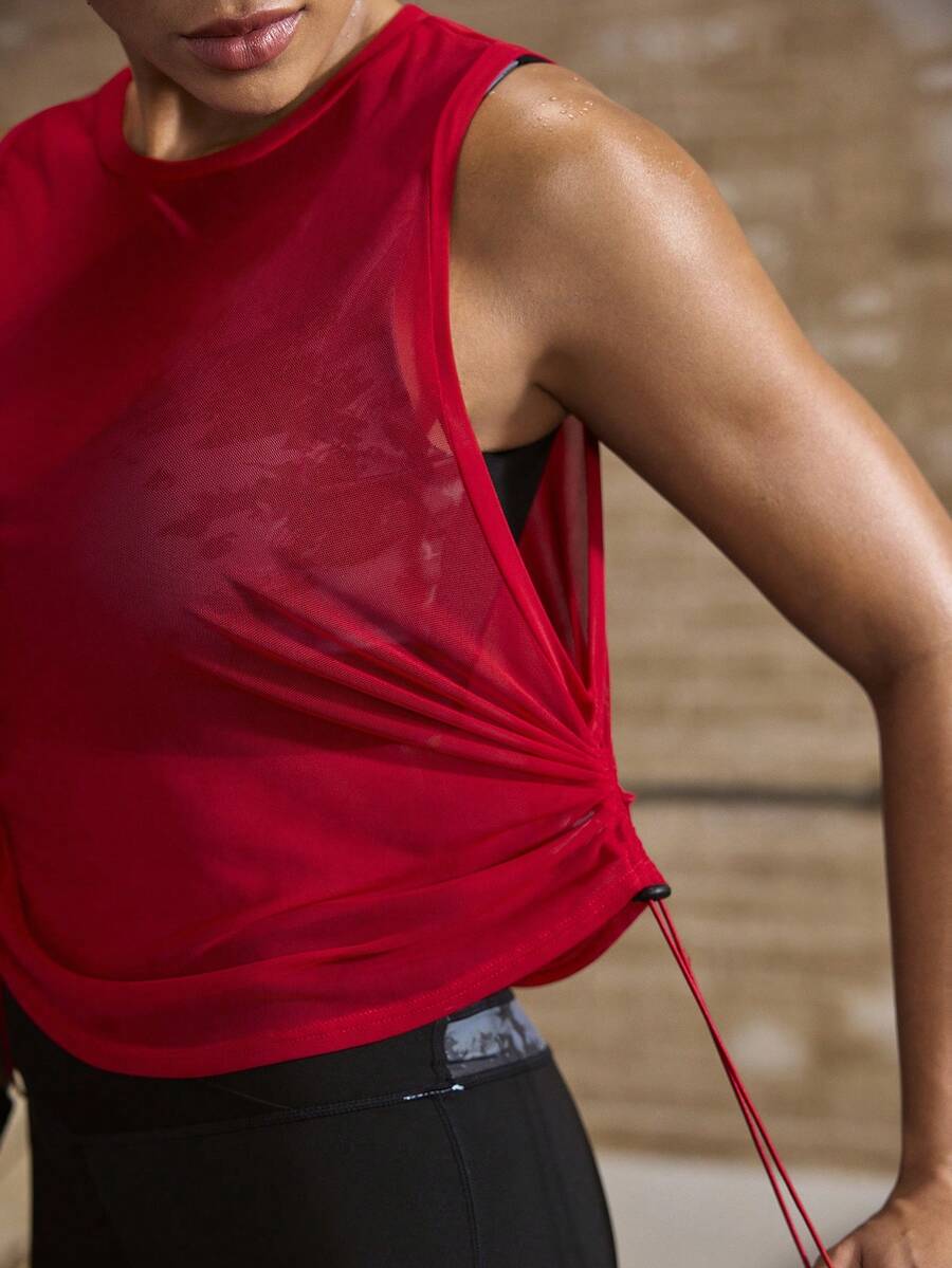 Powerista Áo tank top thể thao nữ mùa hè mỏng nhẹ, thoáng khí, cổ tròn, có dây rút bên hông - Đỏ - Xem 1