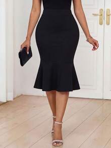 Fleurora Women's High Waist Black Elegant Mermaid Hem Midi Skirt,Black Skirt - Black - View 5