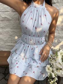 Sunnyshic Women's Spring/Summer Cherry Plaid Dress, Waist-Cinching Flattering Silhouette, Cute Vacation Dress, Cherry Plaid Maiden Dress Vacation Blue Gingham - Blue - View 5