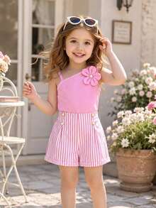 Elladie kids Bộ đồ bé gái gồm áo thun gân màu hồng họa tiết hoa bất đối xứng và quần short gân cài cúc ngọc trai, trang phục mùa hè tươi tắn, năng động. - Hồng - Xem 4