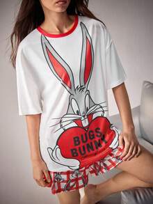 LOONEY TUNES X SHEIN Bộ đồ ngủ nữ in hình hoạt hình, tay ngắn và quần short, kiểu dáng thường ngày, thích hợp mặc ở nhà. - Đỏ và trắng - Xem 1