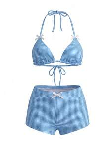 Sweetra Kvinnors söta rutiga texturerade triangelkupbikini - Babyblå - Visa 2