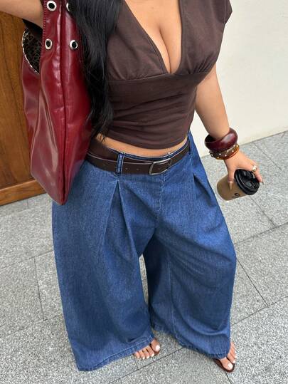 Elenzga Quần jeans ống rộng màu trơn dành cho nữ cỡ lớn, kiểu dáng thanh lịch, thời trang, phù hợp cho cả đi làm và đi văn phòng.