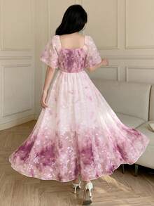 Modelyn Vestido de Primavera & Verano Elegante y de Moda con Cuello Cuadrado, Manga Corta, Cintura Definida, Estampado y Vuelo - Rosa - Ver 2