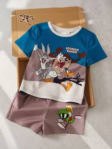 LOONEY TUNES X SHEIN Baby Boy Summer Casual Daily Commute Cartoon Print Contrast Color Short Sleeve T-Shirt And Shorts Set - Dark Green - View 1