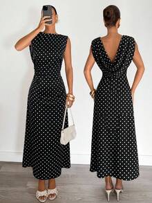 Siren Gaze Black And White Polka Dot Midi Dress, Sleeveless, Fitted, Halter Neck, Backless Party Holiday, Summer Vacation Evening Gown 70s Retro Elegant - Black - View 7