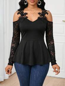 SHEIN Lady Áo thun trễ vai phối ren thanh lịch dành cho nữ - màu đen - Xem 5