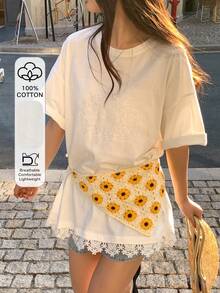 DAZY Women's Round Neck Korean Style Lace Patchwork Short Sleeve T-Shirt Summer - White - View 1