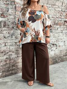 EMERY ROSE Plus Size Women's 2-Piece Set, Tropical Leaf Print Asymmetric Shoulder Top Long Straight Pants, Chocolate Brown Summer Boho Vacation Outfit - Coffee Brown - View 4