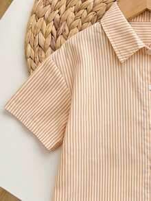 SHEIN Young Girl Casual Comfortable Striped Lapel Open Front Loose Short Sleeve Hollow Back Woven Shirt - Yellow - View 3