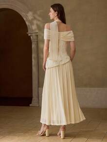 MOTF PREMIUM SUMMER FASHIONABLE ROMANTIC ELEGANT PATCHWORK WAVY TEXTURE FABRIC OFF-SHOULDER DRESS FOR WOMEN VACATION WHITE - Apricot - View 3