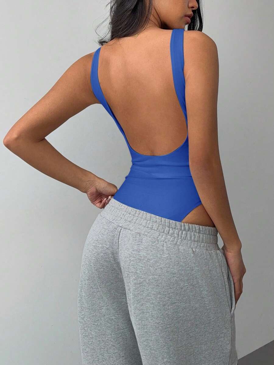 SHEIN BASICS 女款休閒素色針織露背連身衣 夏季穿搭 - 寶藍色 - 查看 1