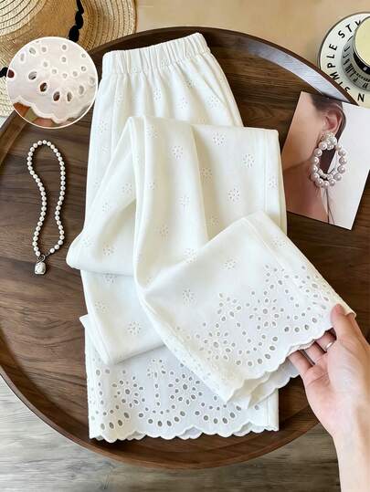 GlowEve CURVE Plus Size Women's Hollow Embroidered Solid Color Pants, French Chic Casual Relaxed Elegant Versatile Clothing