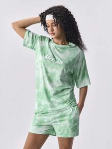 Loungeista Bộ 2 món đồ thể thao thường ngày nữ in chữ nhuộm tie-dye, áo thun cổ tròn dáng rộng và quần short/quần dài mặc nhà, bộ đồ ngủ thoải mái mặc ở nhà cho mùa hè - Màu xanh Bạc hà - Xem 4