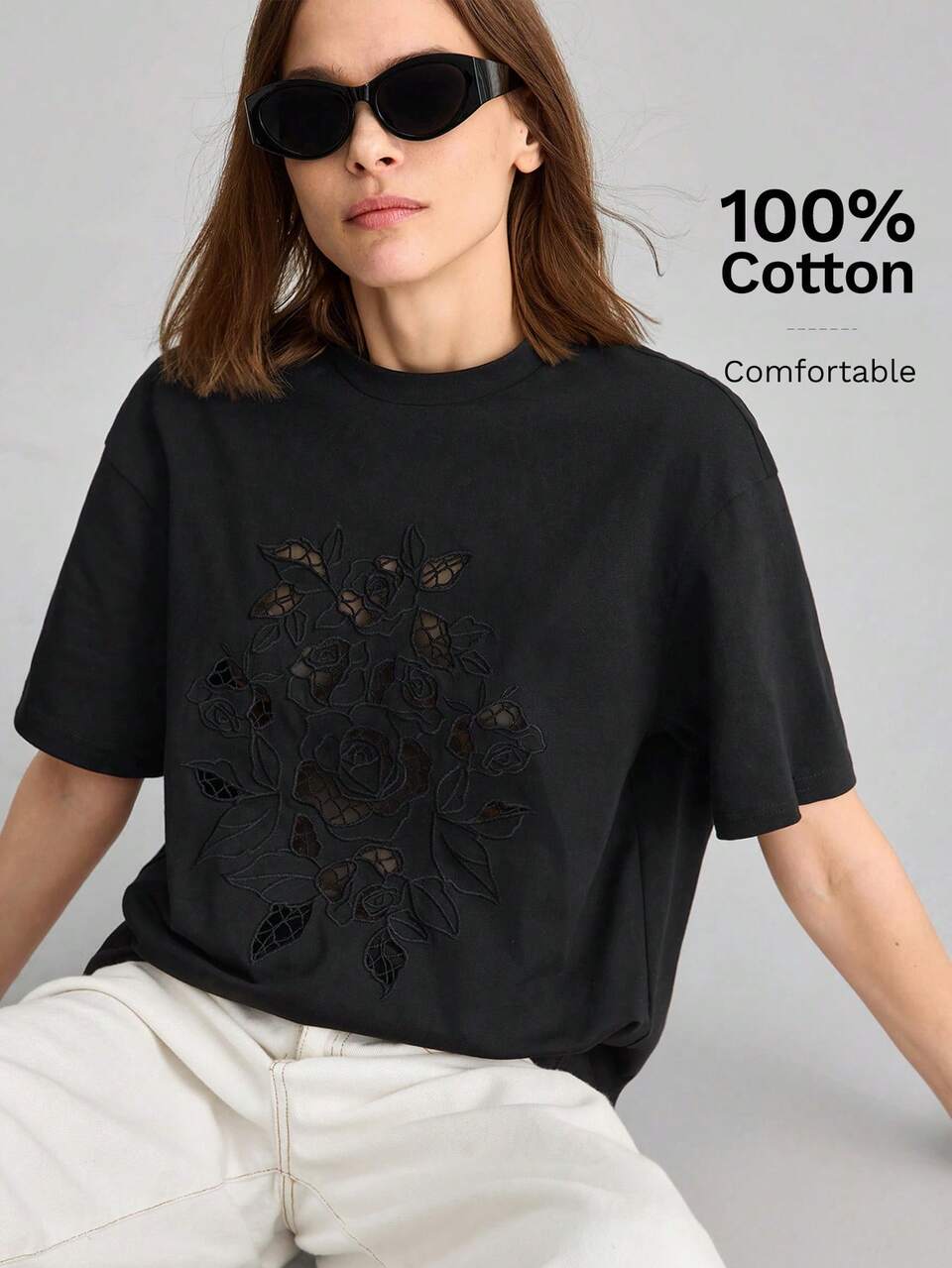 Women's High-End Black Comfortable Fabric Fitted Style Round Neck Slightly Dropped Shoulder Short Sleeve, Hollow Embroidery Decor, Versatile For All Seasons, Chic Urban Fashion Business Casual Office Wear, Low-Key Elegant Quality Commuter Airport , Boho Beach Holiday, Indie Music Festival, Western Style Nomadic Casual Fashion T-Shirt Bohemian Style Vacation Seaside Women's