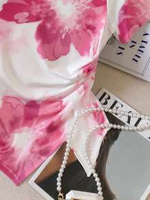 SHEIN LUNE Women's Round Neck Ruffle Floral Print Casual Versatile Daily Wear Short Sleeve T-Shirt - Multicolor - View 3