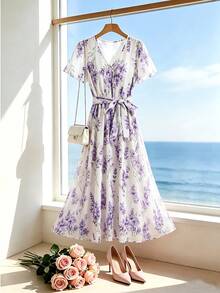 Franclia Đầm chữ A thanh lịch dành cho nữ, cổ chữ V, in hoa, eo chun, thích hợp cho mùa hè. - Màu tím - Xem 2