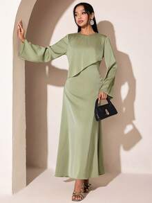 Veilorie Women's Solid Color Round Neck Long Sleeve Elegant Dress - Green - View 3