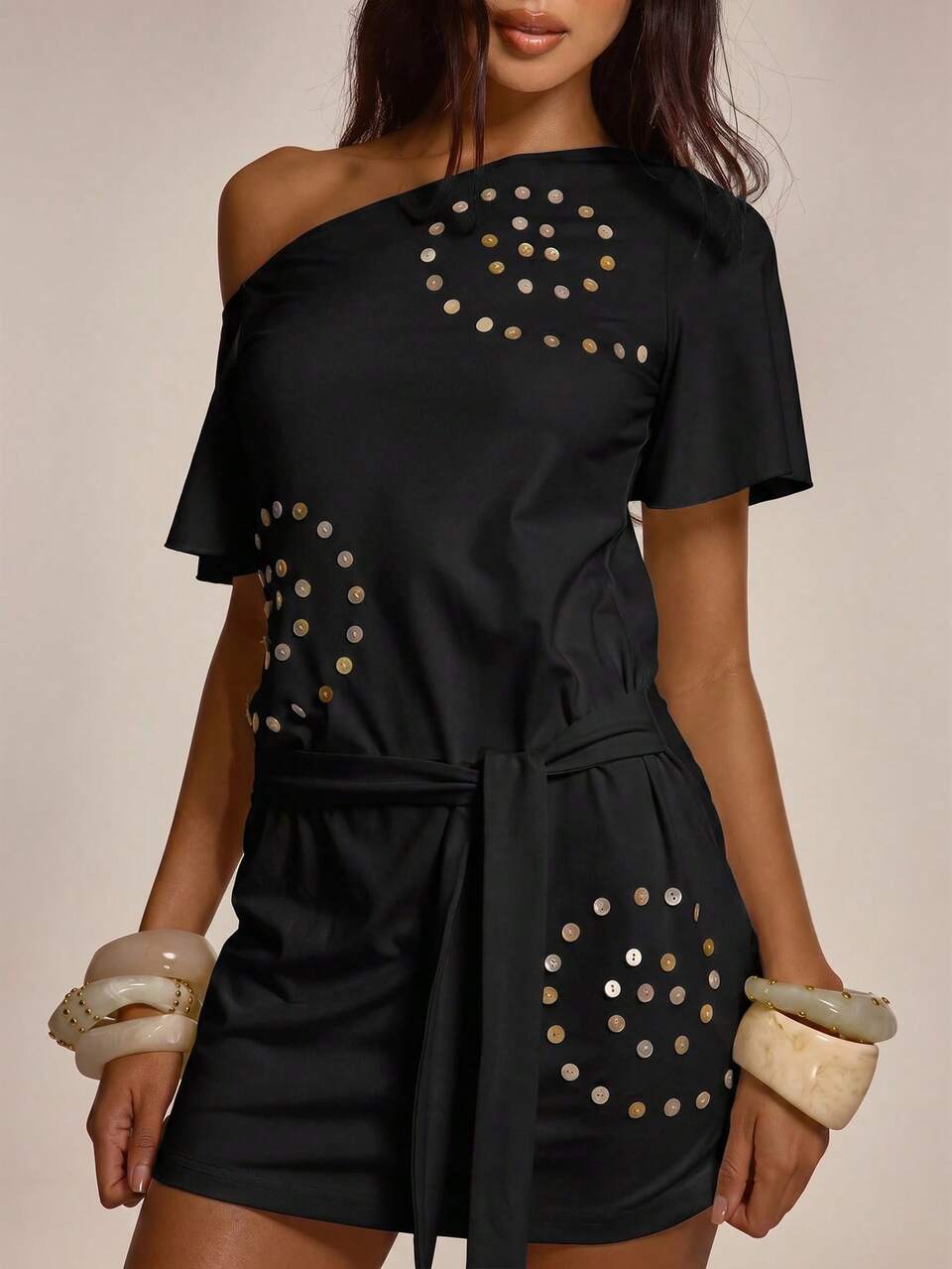 Black Off The Shoulder Embellished Shell Button Swirl Tie Waist Mini Dress