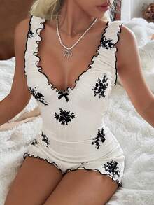 SHEIN Bộ đồ ngủ liền thân cổ chữ V in hoa, viền bèo nhún, trang trí nơ dành cho nữ. - trắng - Xem 6