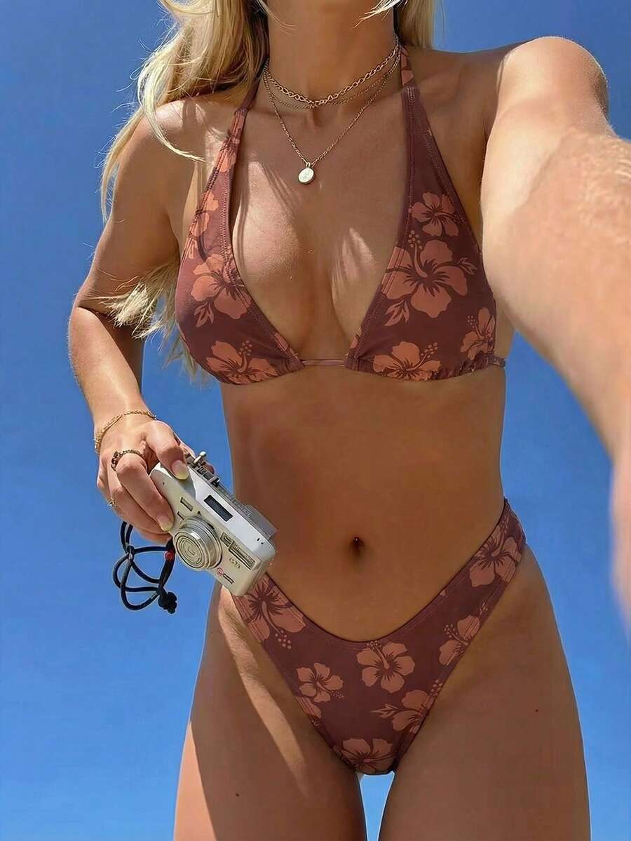 Swim Vcay Conjunto de bikini sexy con impresión de flores para playa de verano para mujer con cuello halter y lazo - Multicolor - Ver 1