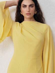 ZEYLAH Fitted Asymmetric Oversized Sleeve Long Dress, Spring Fall - Yellow - View 5