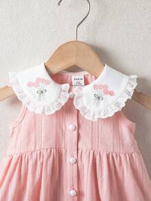 SHEIN Infant Girls' Cute Light Pink Summer Dress Elegant Sweet Embroidered Ruffle Collar Jacquard Fabric Sleeveless Cotton Dress For Parties 0-1 Years Old - Baby Pink - View 7