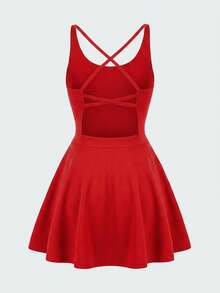 SHEIN Girlism Vestido Esportivo Casual para Menina Tween, Estilo Regata com Decote Cruzado, Cor Sólida, para Yoga e Tênis, com Legging Embutida, Design Anti-Exposição e Bolso, Preto - Vermelho - Visão 2