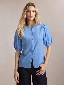 BizChic Áo sơ mi nữ màu xanh dương với tay áo phồng kiểu Pháp thanh lịch, chi tiết cổ áo viền ren, trang phục công sở mùa hè mới, trang phục trang trọng. - Màu xanh lam - Xem 2