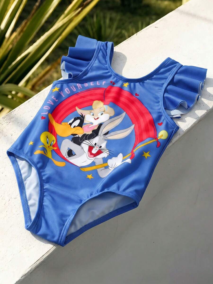 LOONEY TUNES X SHEIN Áo tắm liền thân tay ngắn cổ tròn in hình hoạt hình cho bé gái - Màu xanh lam - Xem 1