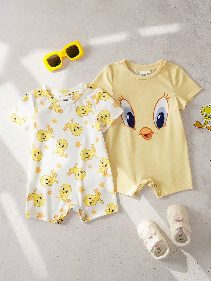 LOONEY TUNES X SHEIN 女婴两件套可爱卡通印花短袖睡衣套装(含短裤),夏季 - 黃色 - 查看 1