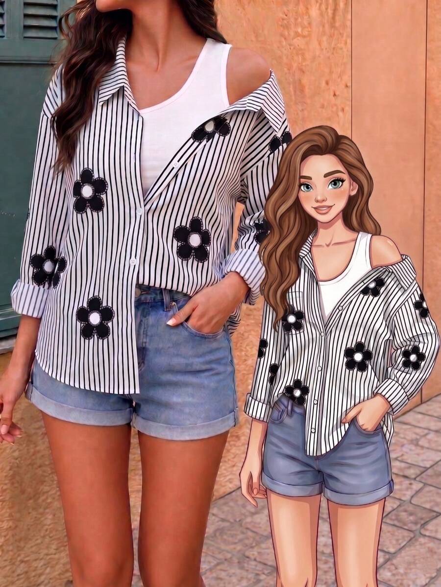 SHEIN 1 pieza Camisa de manga larga a rayas verticales 2 en 1 con hombros oblicuos y cuello para adolescentes, adecuada para uso casual y laboral, primavera/verano - Negro - Ver 1