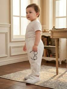 SHEIN Playful Pals Baby White Pants Boys Girls Trousers Front Center Decorative Buttons Design Autumn Tight Rain Nursery Soft Form Smart - White - View 9