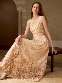 MOTF PREMIUM ELEGANT INTELLECTUAL FOIL FLORAL PRINT WAIST-CINCHED SLEEVELESS DRESS, HIGH-END FEEL, SUITABLE FOR SPRING/SUMMER EVENING GALA VACATION BEIGE - Apricot - View 1