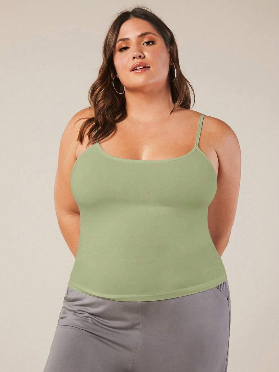 SHEIN BASICS Plus Size Women Solid Color Fitted Casual Smart Casual Camisole Everyday Sage Green Summer Tops - Green - View 1
