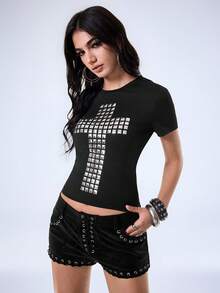 Shutterstock Y2Kool Áo thun nữ tay ngắn cổ tròn ôm sát, họa tiết thánh giá kim loại đen kiểu Y2K Gothic Chic, thích hợp cho các bữa tiệc mùa xuân/hè, kỳ nghỉ biển và mặc hàng ngày. - màu đen - Xem 6