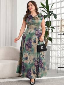 SHEIN Clasi Plus Size Women Tie-Dye Elegant Waist Cinched Party Dress - Multicolor - View 1