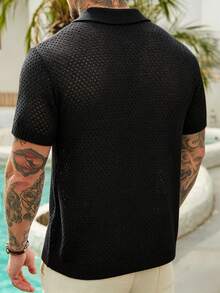 VENTUSAIL Men's Palm Tree Pattern Short Sleeve Single-Breasted Knit Top - Black - View 2