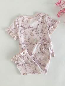 SHEIN 2件套女婴可爱兔子印花短袖上衣和裤子休闲舒适睡衣套装 - 淡紫色 - 查看 2