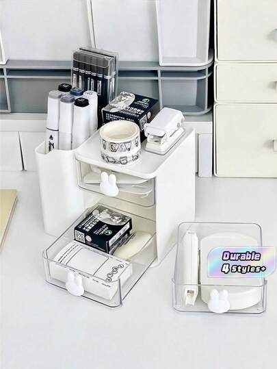 1Pc 3-Layer Drawer Storage Box, With Pen Holder, Multi-Functional Office Stationery Desktop Organizer, Cute Rabbit-Shaped Handle, Suitable For Dining Table Decoration And Office Desk Accessories.