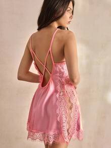 Charlaine 1pc French Chic Autumn Wedding Lace Floral Spaghetti Strap Summer Holiday Nightgown, Romantic Minimalist Elegant Satin Nightdress For Women - Pink - View 3
