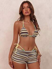 Swim Vcay Women's 3-Piece Swimsuit Set,Brown And Yellow Polka Dot,Summer,Boho,Beach,Holiday,Holiday Beaded Nautical Striped Halter Neck High Cut Ruched Shorts - Multicolor - View 2